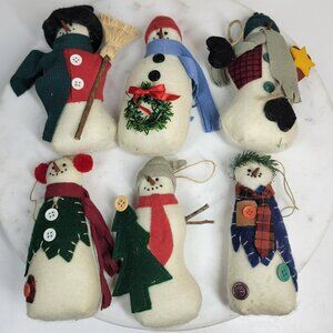 Vintage Snowmen Handmade Plush Ornaments 4" White Winter Primitive Set of 6
